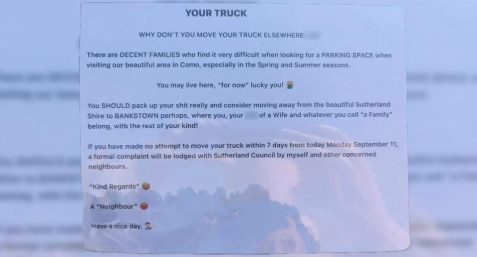 The racist note taped onto a family truck in Comon, south Sydney.