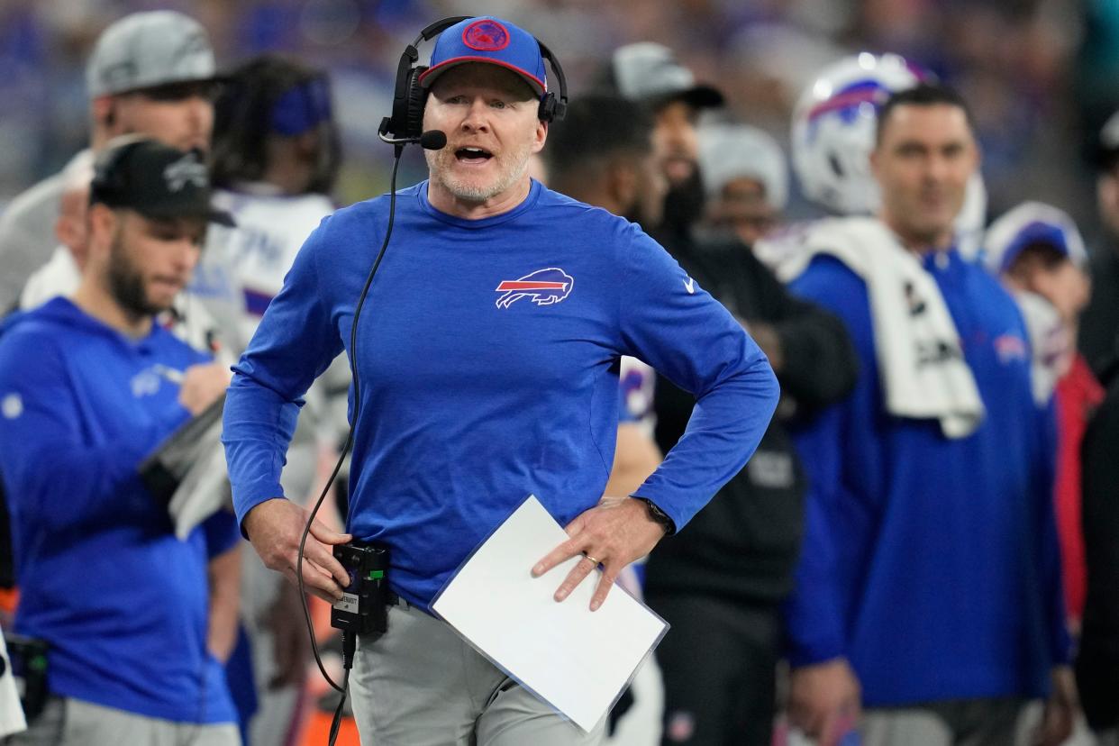 Buffalo Bills head coach Sean McDermott argues a call during the first half of an NFL football game against the Los Angeles Chargers, Saturday, Dec. 23, 2023, in Inglewood, Calif. (AP Photo/Ashley Landis)