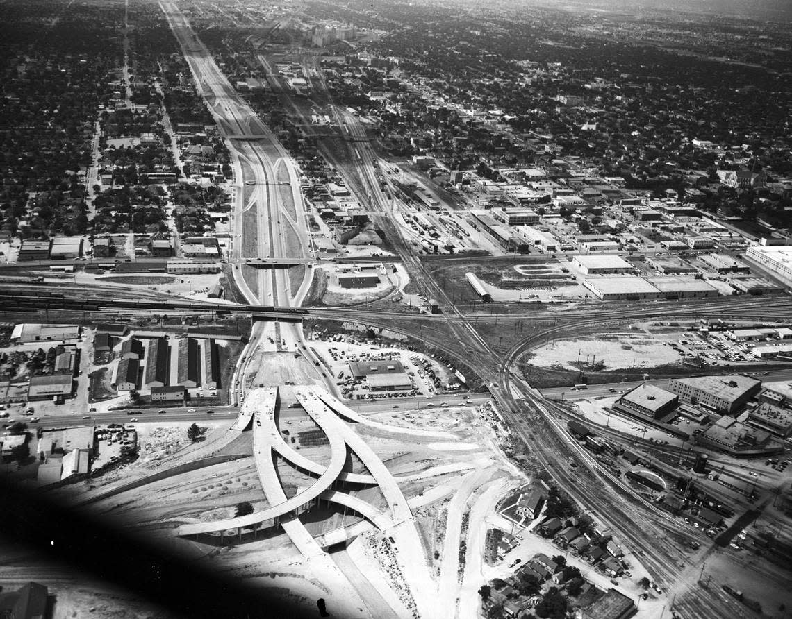 June 26, 1957: The new Dallas-Fort Worth Turnpike and freeway interchange at East Lancaster Avenue.