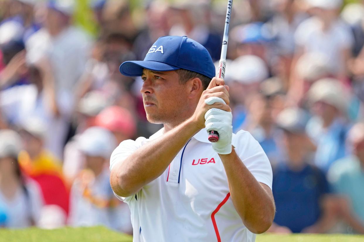 Xander Schauffele of the U.S. tees off on the seventh hole in round two of men’s stroke play.