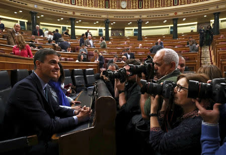 FILE PHOTO: Spain's Prime Minister Pedro Sanchez attends a session at Parliament in Madrid, Spain, February 13, 2019. REUTERS/Sergio Perez/File Photo
