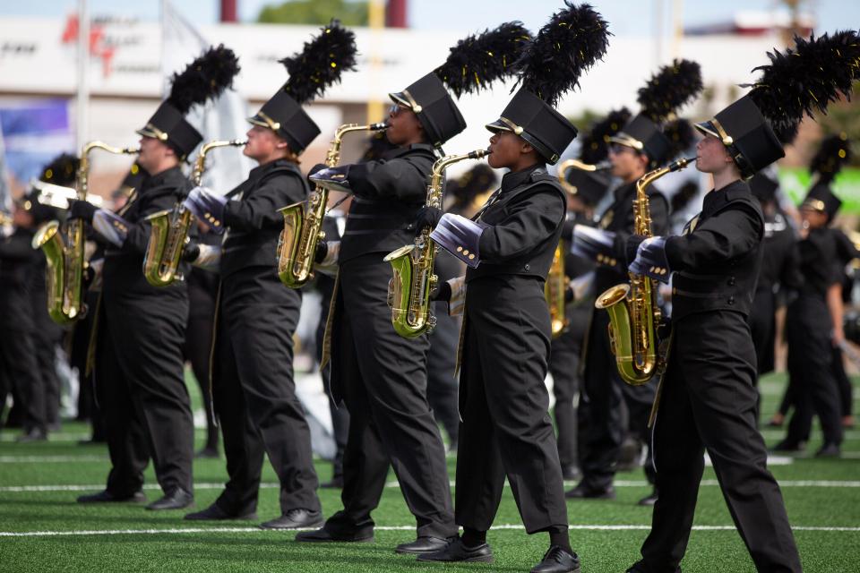 The Alamogordo High band performs during the Bands of America New Mexico Regional Championship on Saturday, Sept. 23, 2023, at the Aggie Memorial Stadium.