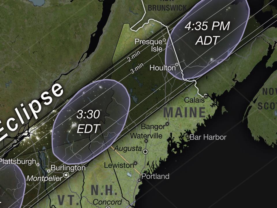 zoomed shot of nasa map shows eclipse shadow over northern Vermont, New Hampshire, and Maine into New Brunswick in October 2023