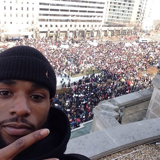 Protestors gather in Freedom Plaza before marching to the U.S. Capitol on Saturday Dec. 13, 2014 in Washington, DC.