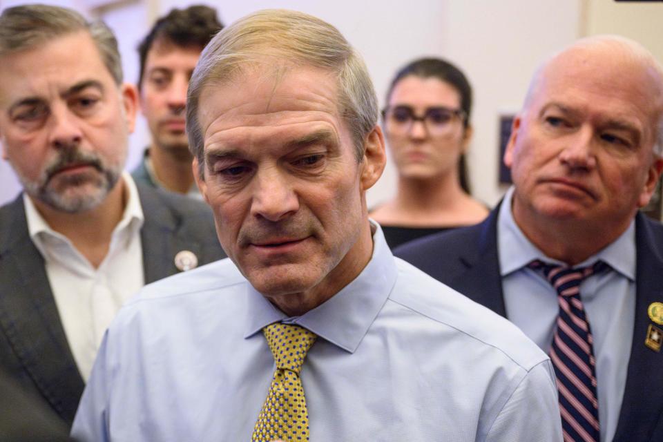 U.S. Rep. Jim Jordan speaks to reporters Oct. 12 after a Republicans caucus meeting where House speaker candidate Steve Scalise dropped out.