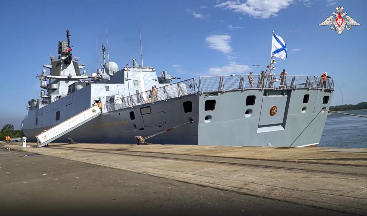 This handout photo taken from video released by Russian Defense Ministry Press Service on Wednesday, Feb. 22, 2023, shows the Admiral Gorshkov frigate of the Russian navy in Richards Bay, South Africa. Russia's Admiral Gorshkov frigate arrived at Richards Bay, South Africa, to participate in naval drills of Russia, South Africa and China, the Russian military said Wednesday. (Russian Defense Ministry Press Service via AP)