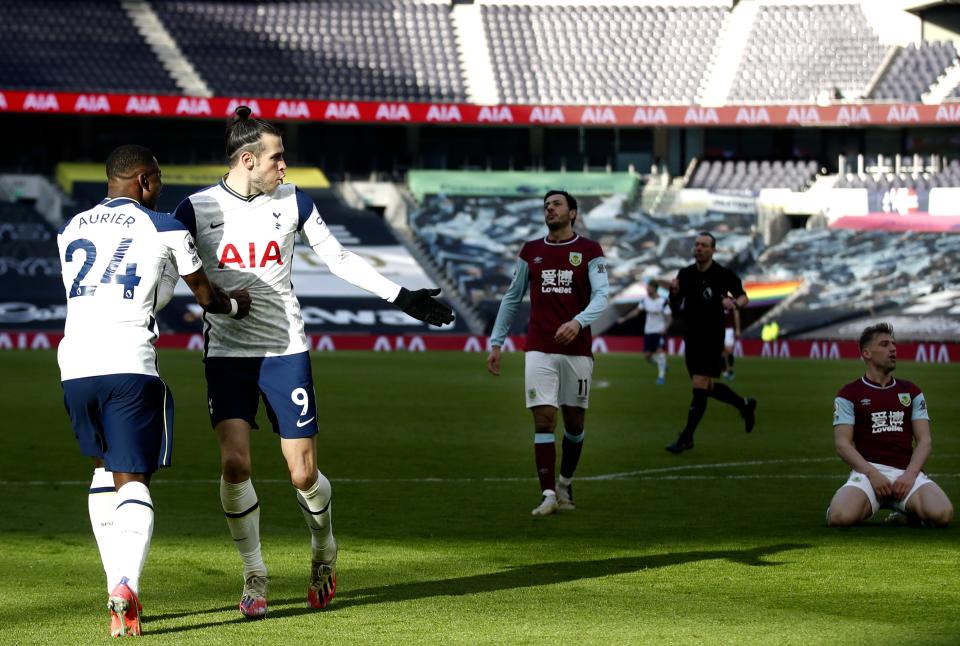 Gareth Bale celebrates after scoring Spurs’ fourth (EPA)