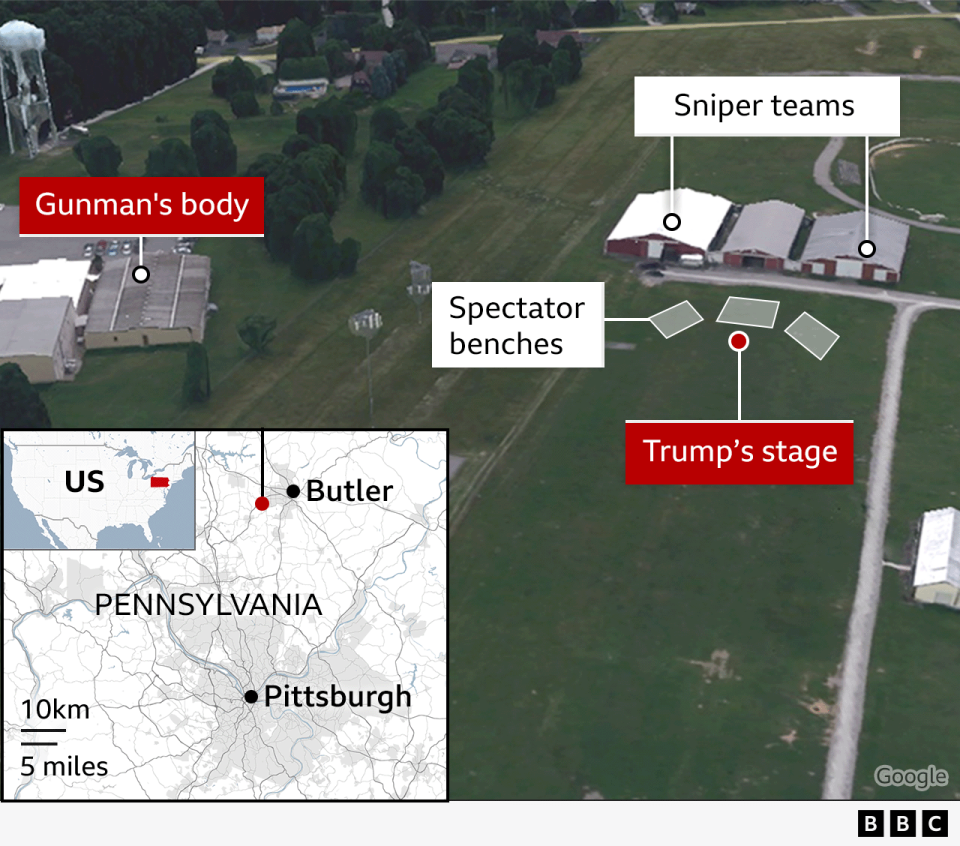 A map showing the distance suspected gunman thomas matthew crooks shot at Trump from