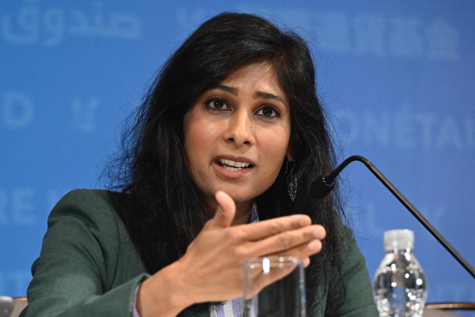 Gita Gopinath, First Deputy Managing Director of the International Monetary Fund (IMF) speaks during a press briefing concluding the 2024 China Article IV Mission in Beijing on May 29, 2024. The International Monetary Fund on May 29 raised its yearly growth forecast for China, but warned that Beijing's industrial policy risks 