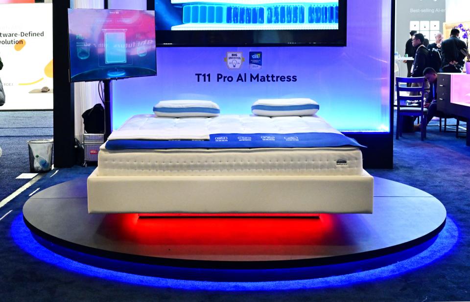 DeRUCCI's T11 Pro AI mattress is on display at the Consumer Electronics Show (CES) in Las Vegas, Nevada on January 10, 2024. The T11 Pro AI mattress from DeRUCCI is a health monitoring mattress with 23 artificial intelligence sensors for body movement, monitoring things like pulse, body temperature and heartbeat.