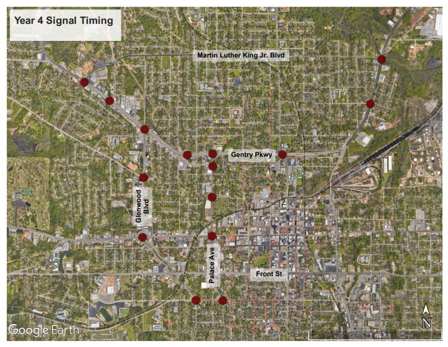 <em>A map of the traffic signals getting retimed, courtesy of The City of Tyler</em>