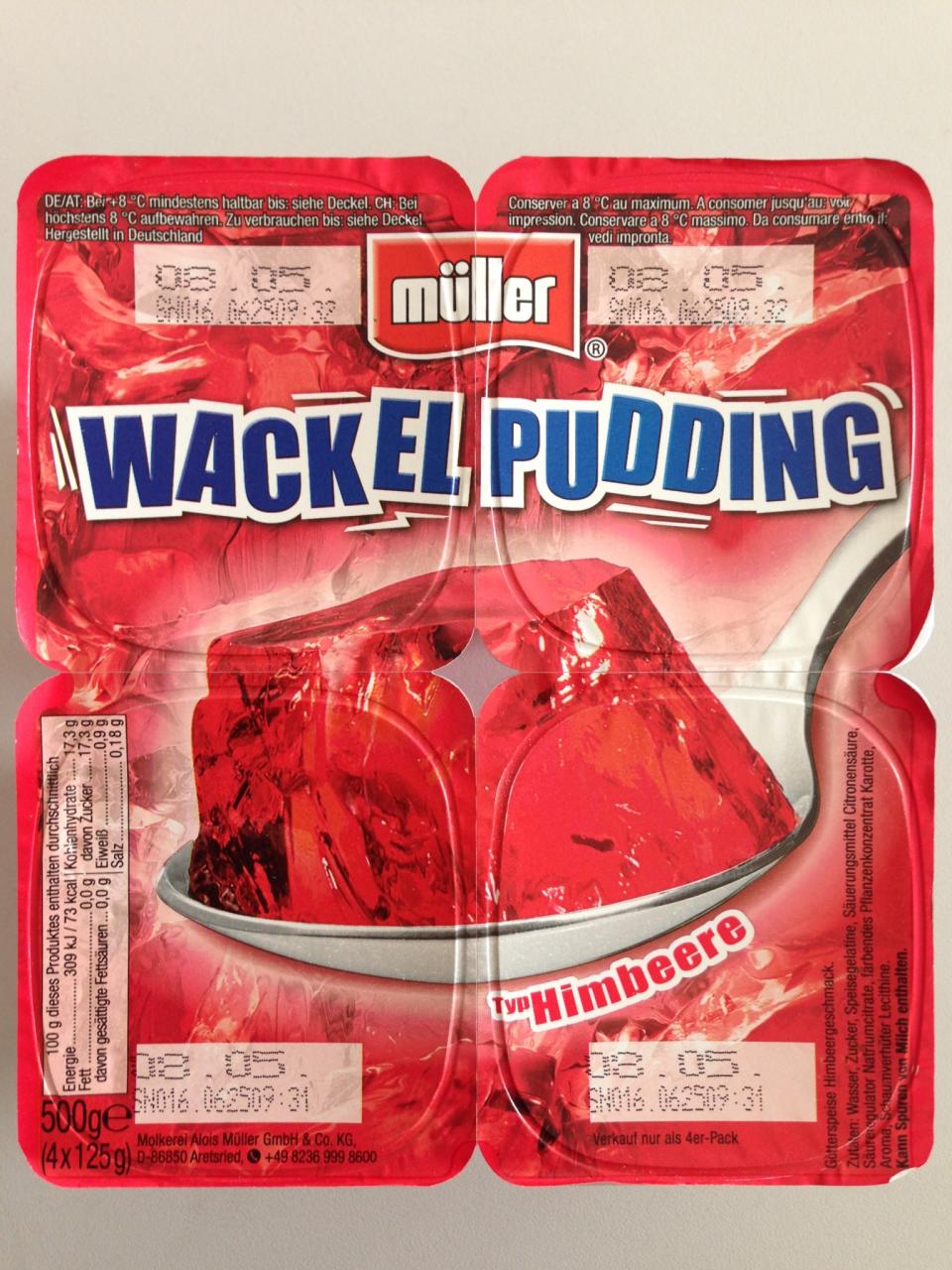 <p>Typ Himbeere, steht auf dem Wackelpudding von müller. Aber Himbeeren sind laut Zutatenliste nicht enthalten, stattdessen färbendes Pflanzenkonzentrat Karotte und Aroma. </p>