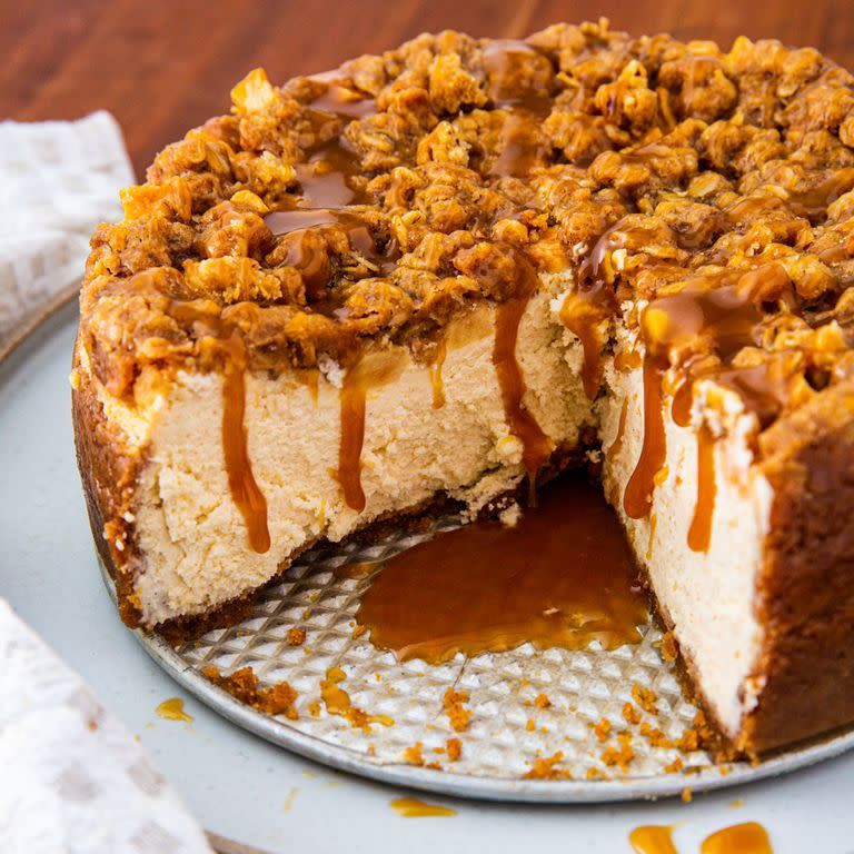 <p>Not only does the brown sugar, cinnamon, and oat topping make a tasty addition, it also ensures that no one will notice if your cheesecake cracks. More whipped cream, please!</p><p><em><a href="https://www.delish.com/cooking/recipe-ideas/a23872239/apple-crisp-cheesecake-recipe/" rel="nofollow noopener" target="_blank" data-ylk="slk:Get the recipe from Delish »;elm:context_link;itc:0;sec:content-canvas" class="link ">Get the recipe from Delish »</a></em></p>