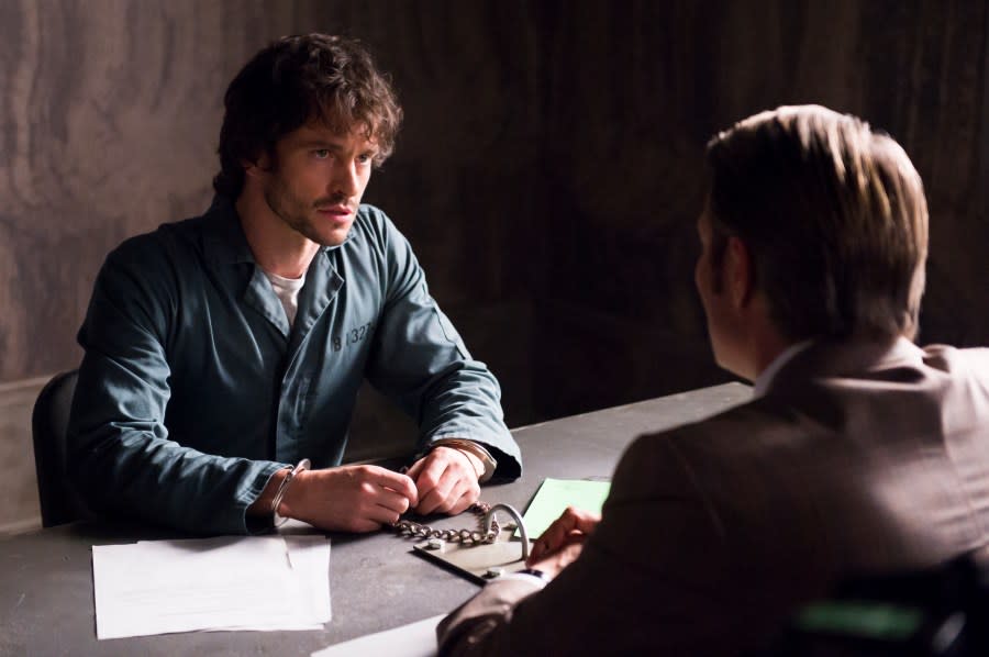 HANNIBAL — “Hassun” Episode 203 — Pictured: (l-r) Hugh Dancy as Will Graham, Mads Mikkelsen as Hannibal Lecter — (Photo by: Brooke Palmer/NBCU Photo Bank/NBCUniversal via Getty Images via Getty Images)