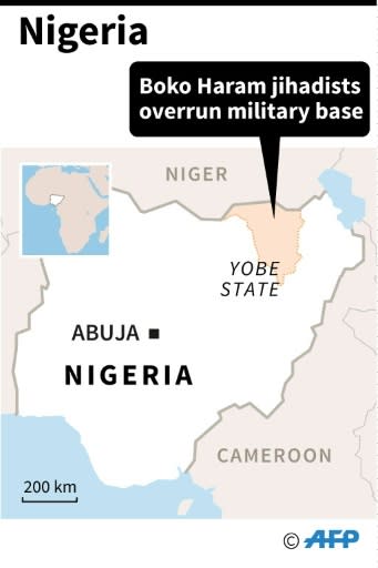 Map locating Yobe state, where Boko Haram jihadists have overrun a military base after a ferocious firefight, according to security sources