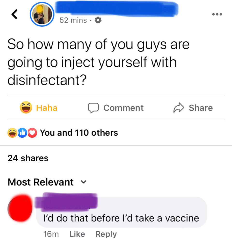 person who says they're going to inject themselves with disinfectant