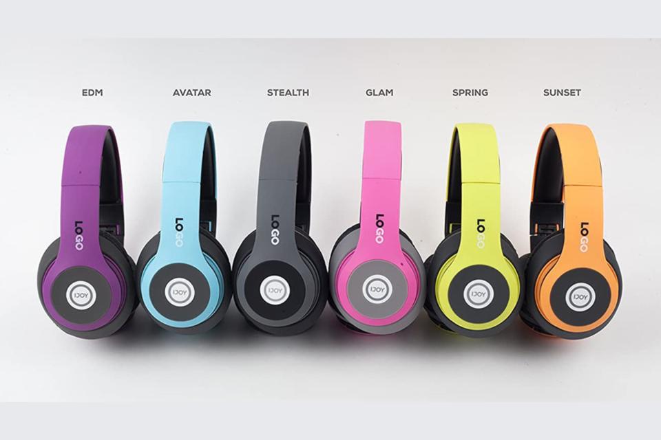 Series of six colorful headphones.