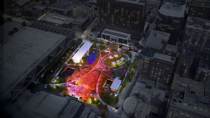 A photo of a digital rendering of the redeveloped Barney Allis Plaza.