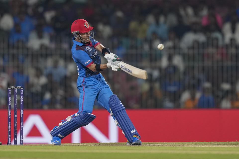 Afghanistan's Rahmanullah Gurbaz plays a shot during the ICC Men's Cricket World Cup match between Pakistan and Afghanistan in Chennai, India, Monday, Oct. 23, 2023. (AP Photo/Eranga Jayawardena)