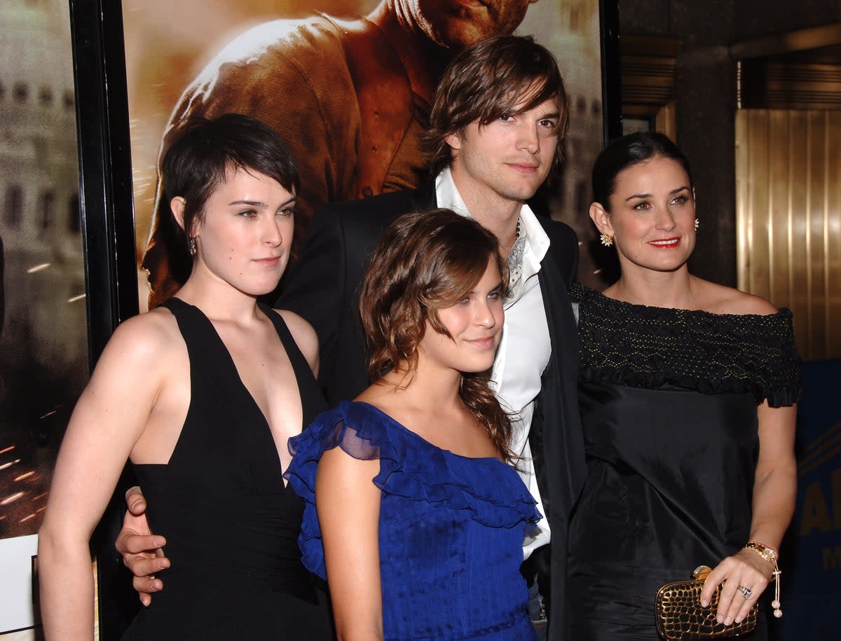 Actors Ashton Kutcher and Demi Moore pose with their children Rumer Willis and Tallulah Willis at the premiere of Live Free Or Die Hard in New York in 2007 (Getty Images)