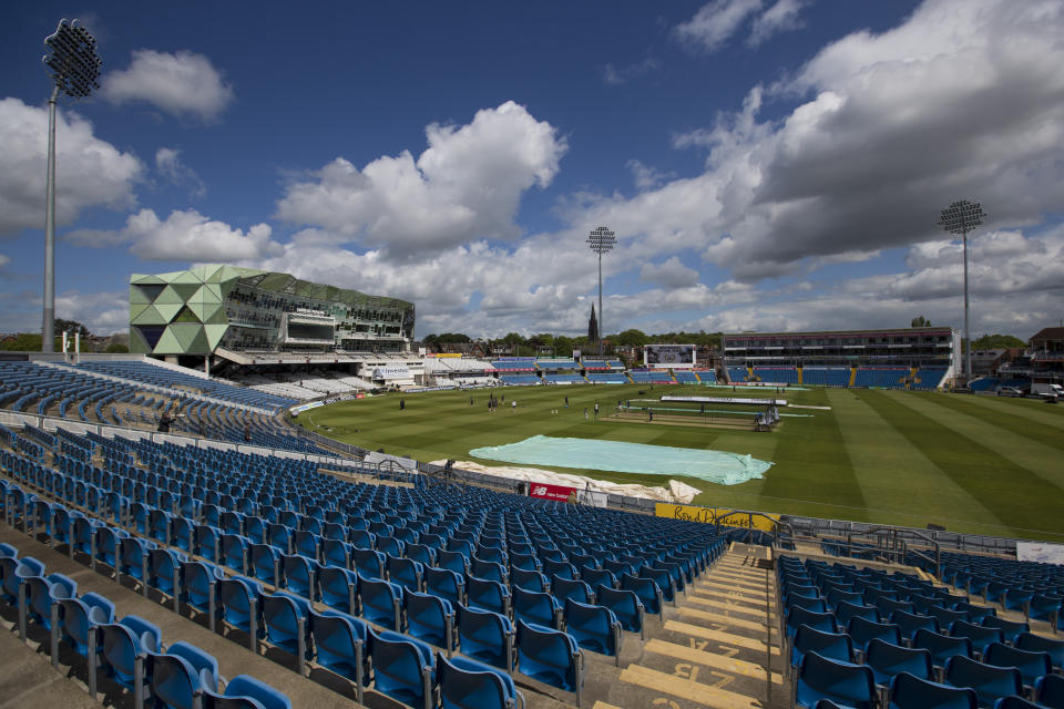 FILE - In this Thursday, May 28, 2015 file photo the cricket New Zealand players take to the pitch for nets the day before the second Test match between England and New Zealand at Headingley cricket ground in Leeds, England. The 2019 Cricket World Cup starts in England on May 31, Headingley is one of the venues being used in the competition.(AP Photo/Jon Super, File)