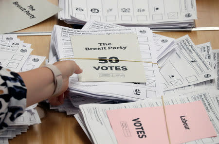 Ballots are seen at a counting centre for the European Parliamentary election in Sunderland, Britain, May 26, 2019. REUTERS/Scott Heppell