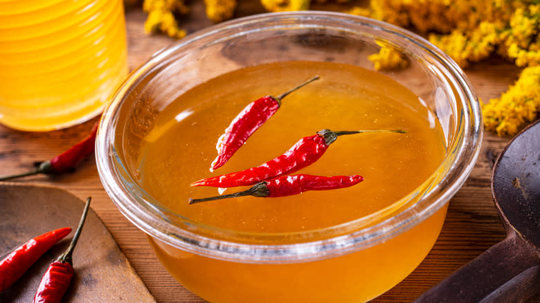 chile-infused honey in bowl 