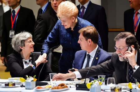 Britain's Prime Minister Theresa May, Lithuania's President Dalia Grybauskaite, Slovenia's Prime Minister Miro Cerar and Spain's Prime Minister Mariano Rajoy attend a European Union leaders summit in Brussels, Belgium, March 23, 2018. Geert Vanden Wijngaert/Pool via Reuters