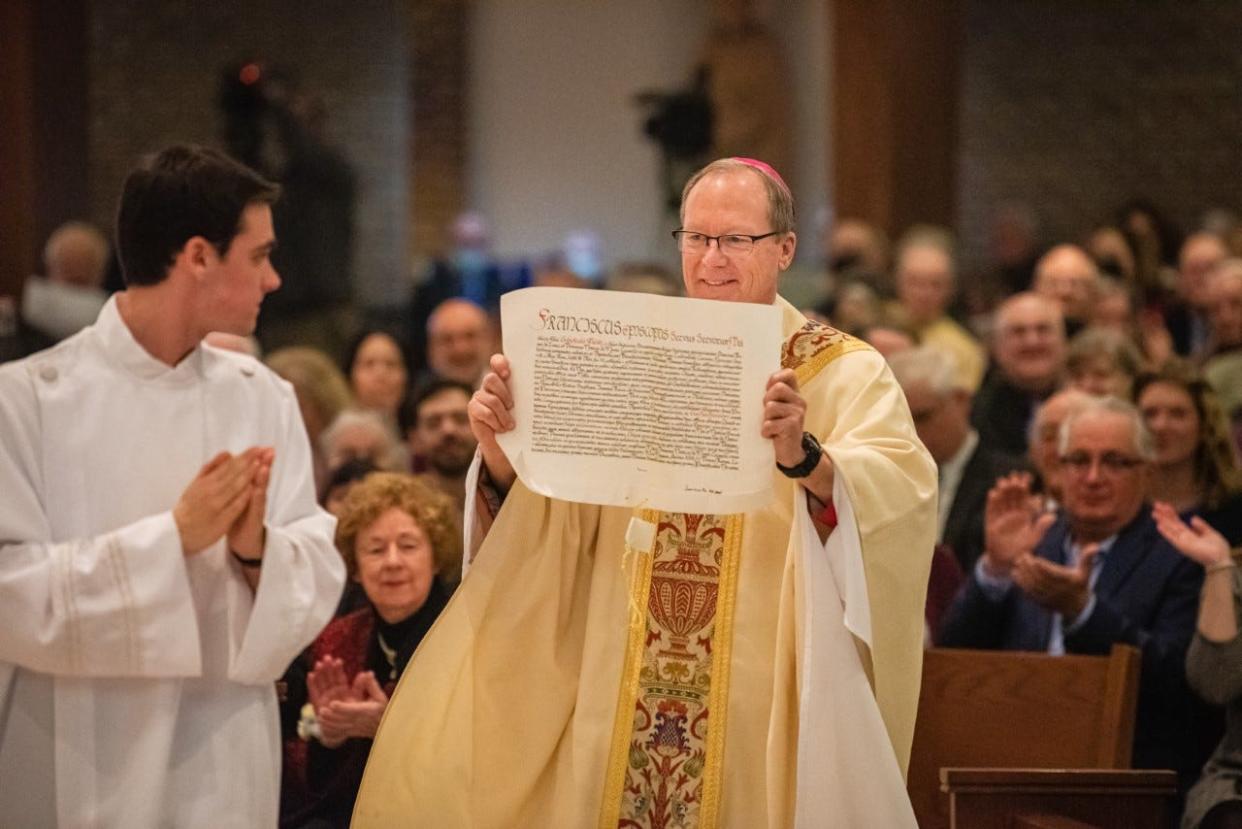 Gabe Maday and Bishop Jeffrey Walsh at the ceremony on March 4, 2022, at St. Mary Cathedral Church when Walsh officially took over as the sixth bishop of the Diocese of Gaylord.