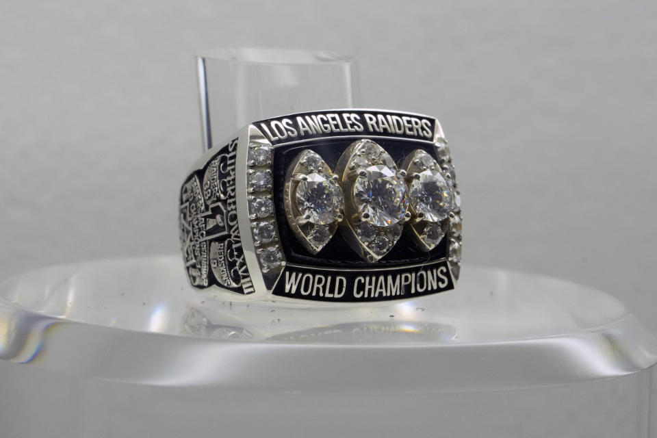 Feb 11, 2023; Phoenix, AZ, USA; The Super Bowl XVIII ring to commemorate the Los Angeles Raiders victory over the Washington Redskins in Super Bowl XVIII at Tampa Stadium on Jan. 22, 1984. Mandatory Credit: Kirby Lee-USA TODAY Sports