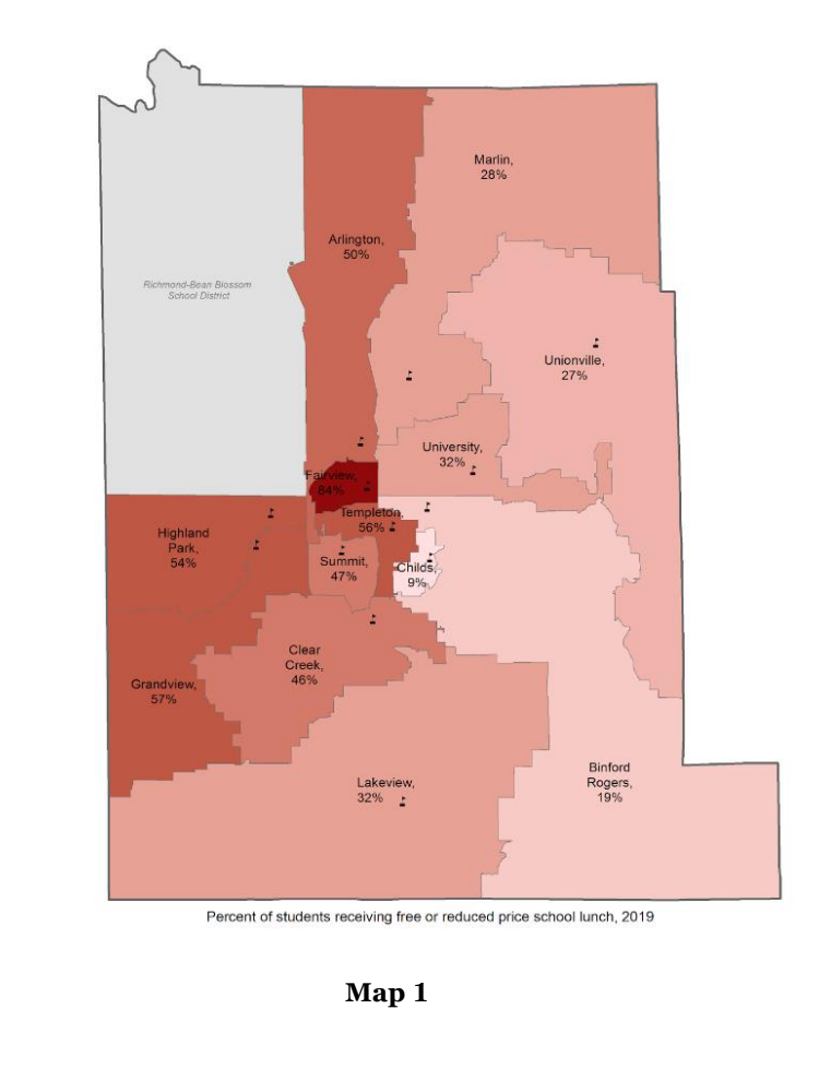This map from the O'Neill capstone report shows the percentage of elementary school students receiving free or reduced lunch across MCCSC elementary schools. The darker color indicates a higher percentage in lunch program enrollment, while the lighter/whiter color indicates lower.