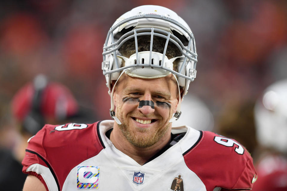 CLEVELAND, OHIO - OCTOBER 17: J.J. Watt #99 of the Arizona Cardinals looks on during the fourth quarter against the Cleveland Browns at FirstEnergy Stadium on October 17, 2021 in Cleveland, Ohio. (Photo by Nick Cammett/Getty Images)