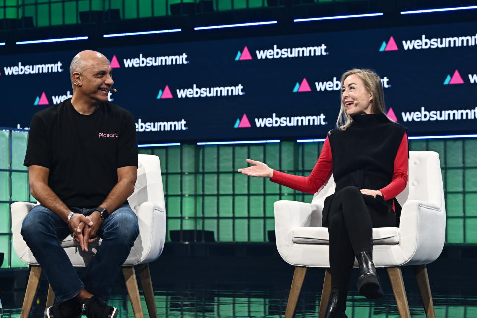 Hovhannes Avoyan, left, and Sairah Ashman, Global CEO Wolff Olins, speak at the 2023 Web Summit. Photo: Harry Murphy/Web Summit via Sportsfile