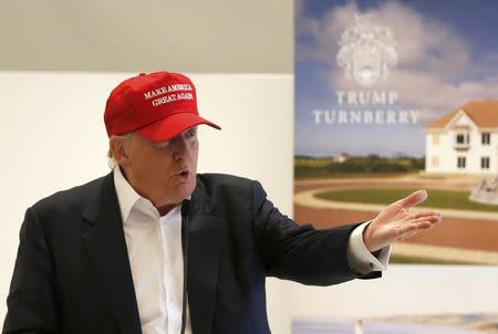 U.S. Presidential Candidate Donald Trump gestures at a press conference held during a visit to his Scottish golf course at Turnberry in Scotland, August 1, 2015. REUTERS/Russell Cheyne
