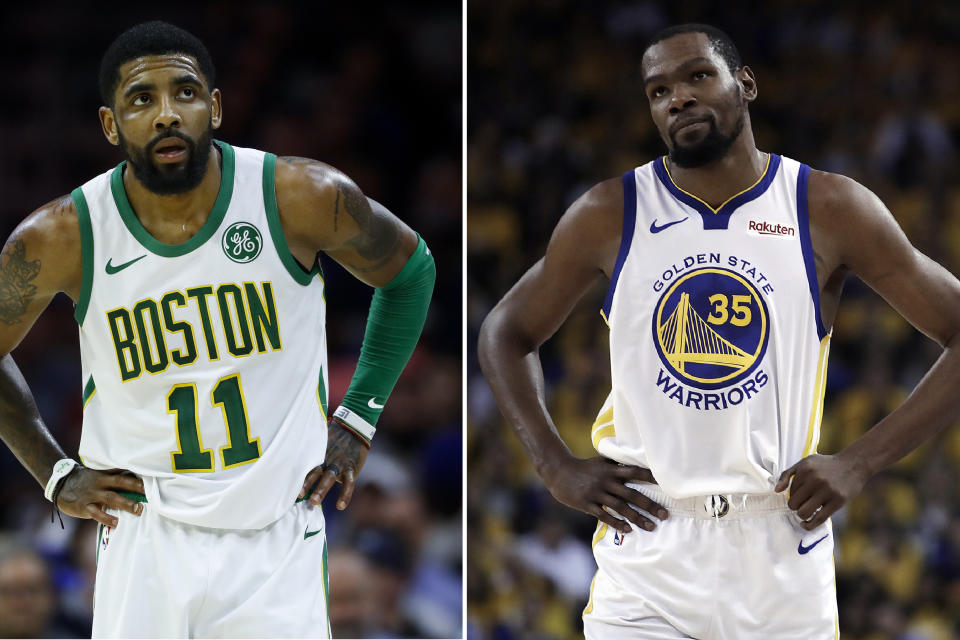 FILE - At left, in a March 20, 2019, file photo, Boston Celtics' Kyrie Irving is shown during an NBA basketball game against the Philadelphia 76ers in Philadelphia. At right, in a May 8, 2019, file photo, Golden State Warriors' Kevin Durant is shown during the first half of Game 5 of the team's second-round NBA basketball playoff series against the Houston Rockets in Oakland, Calif. Just three seasons ago, the Brooklyn Nets were the worst team in the NBA. On Sunday, June 30, they were the story of the league. They agreed to deals with superstars Kevin Durant and Kyrie Irving as part of a sensational start to free agency, giving the longtime No. 2 team in New York top billing in the Big Apple. (AP Photo/File)
