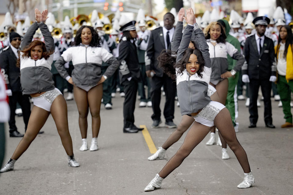 Mississippi Valley State dancers perform during the Krewe of Zulu Parade on Mardi Gras Day in New Orleans, Tuesday, Feb. 13, 2024. (AP Photo/Matthew Hinton)