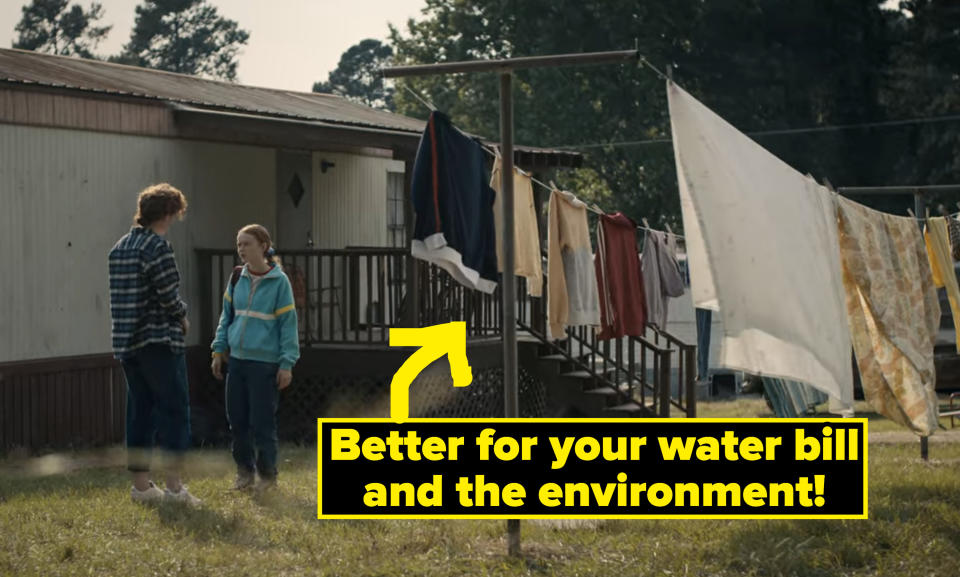 Clothing hanging on a clothesline outside with the text "Better for your water bill and the environment!"