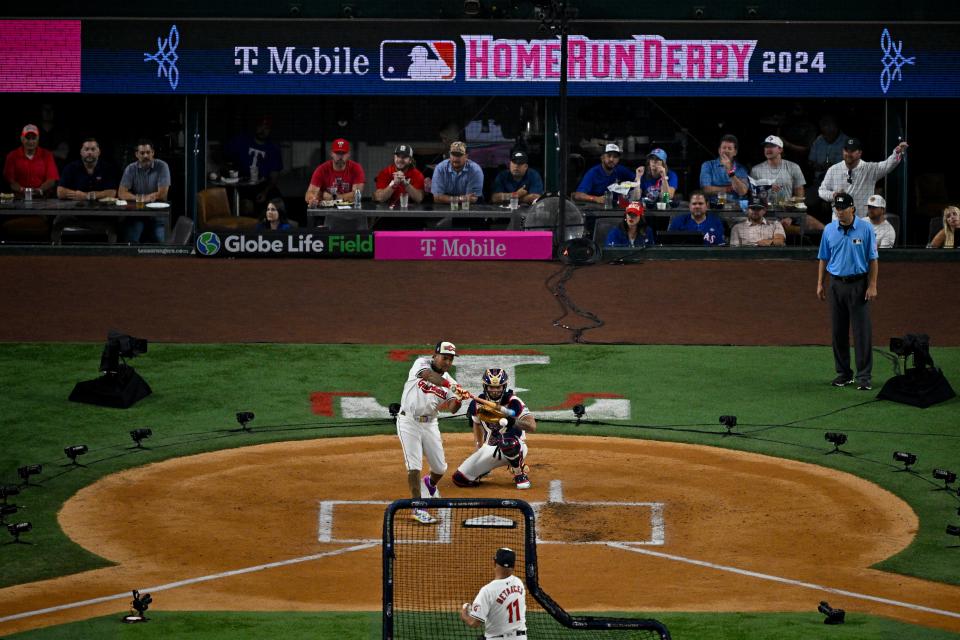 Jose Ramirez of the Cleveland Guardians (11) bats during the MLB Home Run Derby, July 15, 2024, in Arlington, Texas.