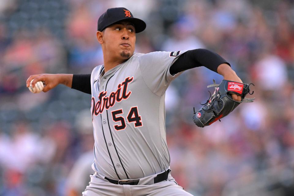 Detroit Tigers starting pitcher Keider Montero (54) delivers a pitch during the first inning at Target Field in Minneapolis on Wednesday, July 3, 2024.