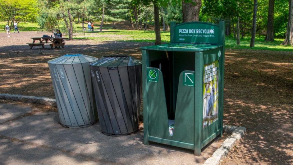 The Central Park Conservancy’s new pizza box recycling bin is designed to cut down on pesky rats at the park. Central Park Conservancy