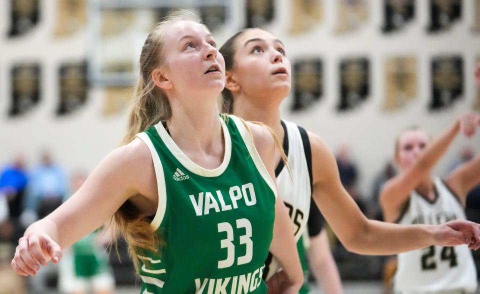 Valparaiso High School's Becca Gerdt (33) looks for a rebound during action at Noblesville High School, Dec 28, 2023. Noblesville won 65-56.