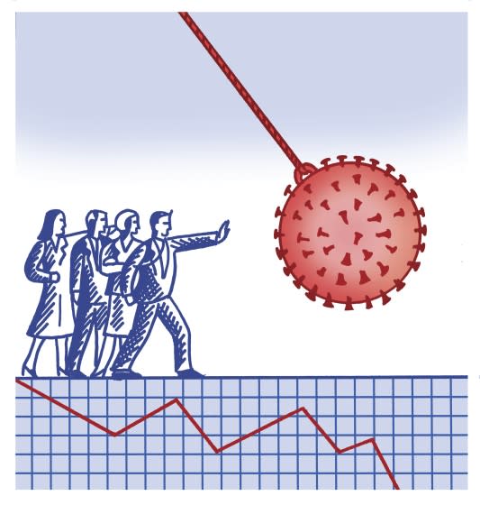 Anthony Russo illustration for Sunday op-ed on coronavirus and the economy. We're seeing soaring unemployment in much of the world, highly unstable financial markets, governments amassing debt at unprecedented rates. But what is this economic crisis we find ourselves in?