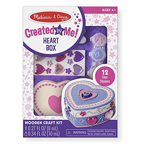<p><strong>Melissa & Doug</strong></p><p>amazon.com</p><p><strong>$8.79</strong></p><p><a href="https://www.amazon.com/dp/B00S6V0MFS?tag=syn-yahoo-20&ascsubtag=%5Bartid%7C10050.g.19618668%5Bsrc%7Cyahoo-us" rel="nofollow noopener" target="_blank" data-ylk="slk:Shop Now" class="link ">Shop Now</a></p><p>She can keep this sweet keepsake on her vanity and use to store some of her favorite jewelry. A wooden heart box, "gem stickers," paint pots, glitter glue, and more are included in the craft kit. </p>