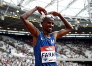 July 23, 2016; London, United Kingdom; Mo Farah (GBR) celebrates after winning the 5,000m in 12:59.29 in the London Anniversary Games during an IAAF Diamond League meet at Olympic Stadium. Kirby Lee-USA TODAY Sports