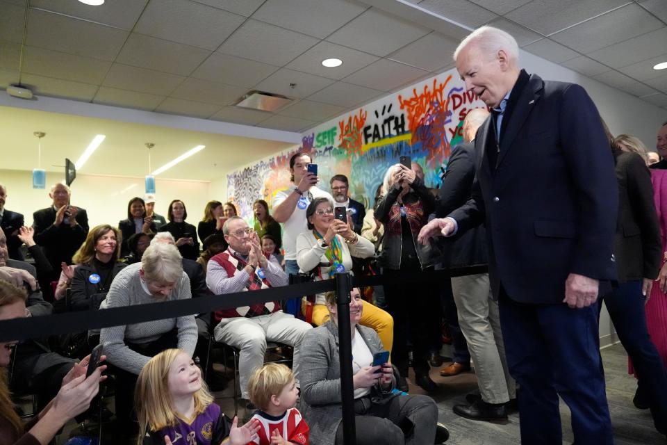 President Joe Biden greets staff and volunteers at the Biden campaign headquarters in Wilmington on Saturday, Feb. 3, 2024.