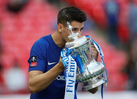 Soccer Football - FA Cup Final - Chelsea vs Manchester United - Wembley Stadium, London, Britain - May 19, 2018 Chelsea's Alvaro Morata celebrates winning the final with the trophy REUTERS/David Klein