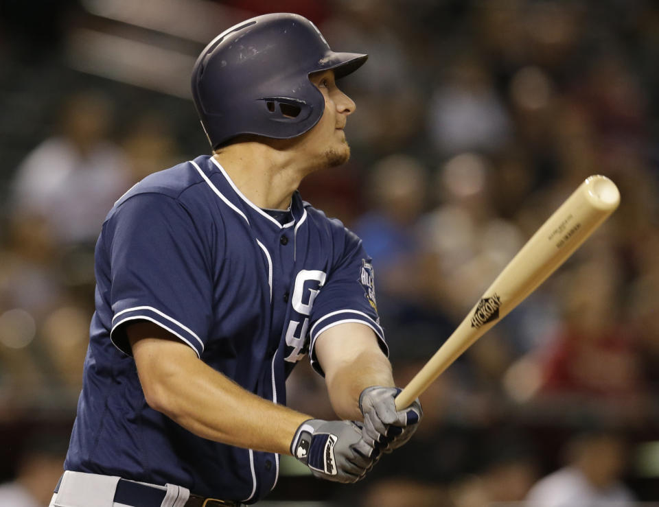 San Diego Padres left fielder Alex Dickerson (1) in the first inning during a baseball game against the Arizona Diamondbacks, Friday, Sept. 30, 2016, in Phoenix. (AP Photo/Rick Scuteri)