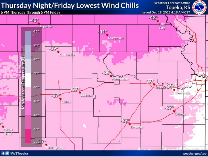 Wind chill indices are expected to plunge late Thursday or early Friday to 37 degrees below zero at Topeka, according to this graphic posted Monday on the website of the National Weather Service's Topeka office.