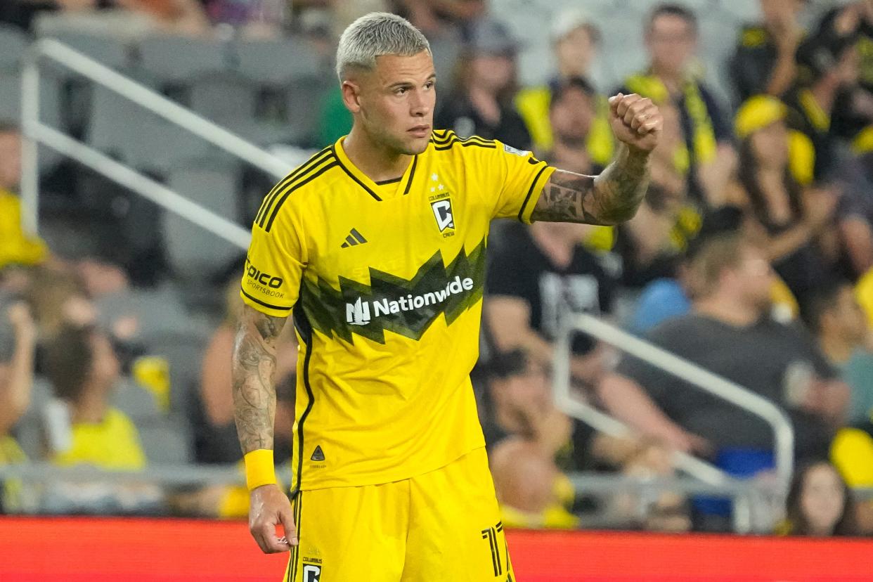 Jul 3, 2024; Columbus, OH, USA; Columbus Crew forward Christian Ramirez (17) celebrates scoring a goal during the first half of the MLS soccer game at Lower.com Field. Mandatory Credit: Adam Cairns-The Columbus Dispatch