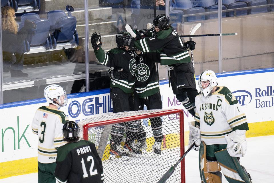 Grafton celebrates after Zac Terski scores for a 2-0 lead over Nashoba Saturday at the DCU Center.